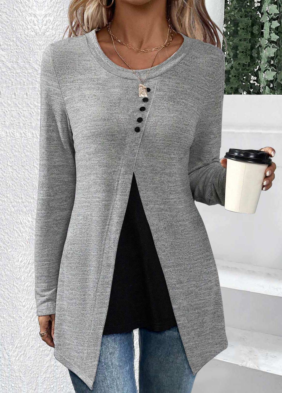 Grey Asymmetry Long Sleeve Round Neck T Shirt