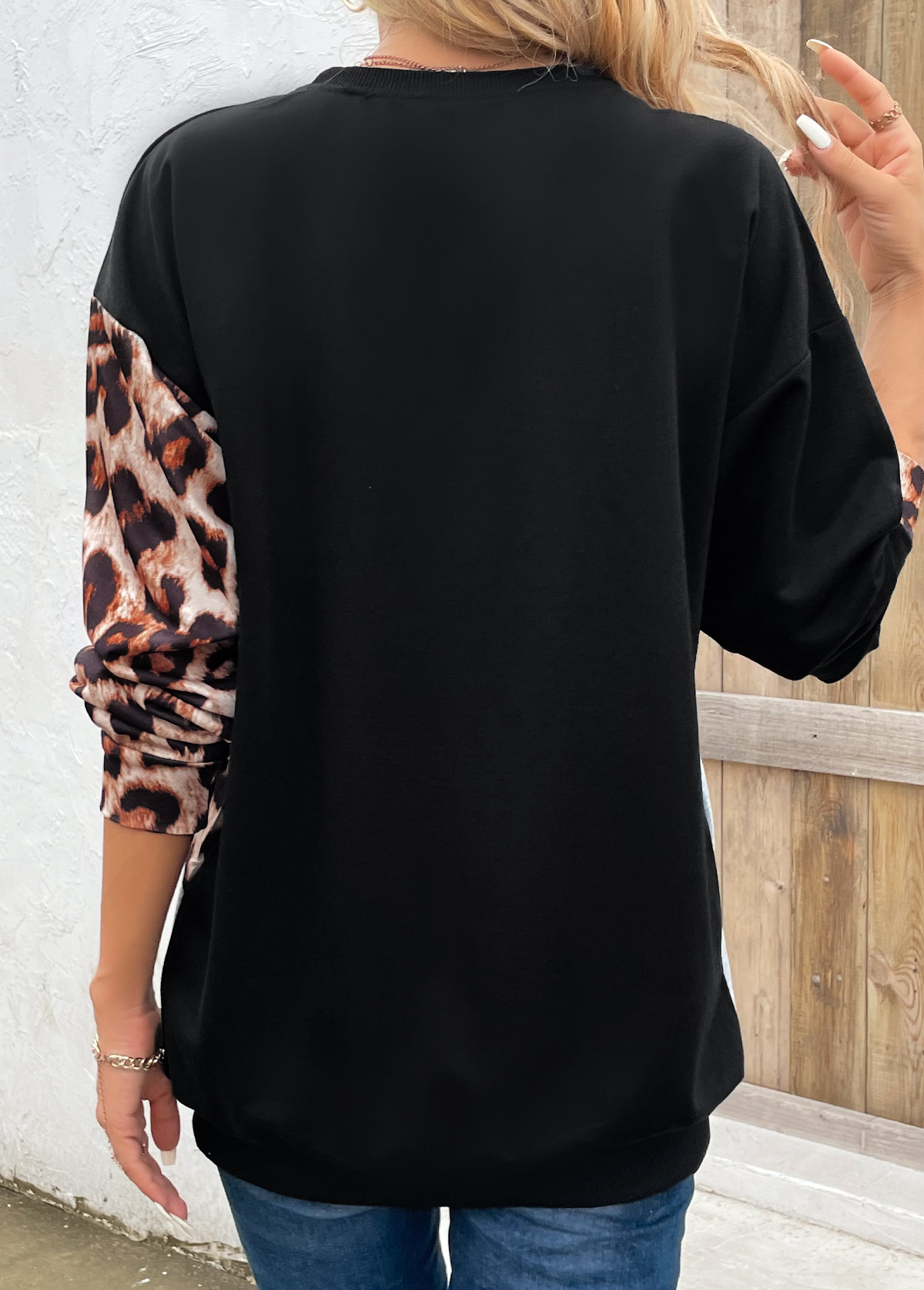 Black Patchwork Leopard Long Sleeve Round Neck Sweatshirt