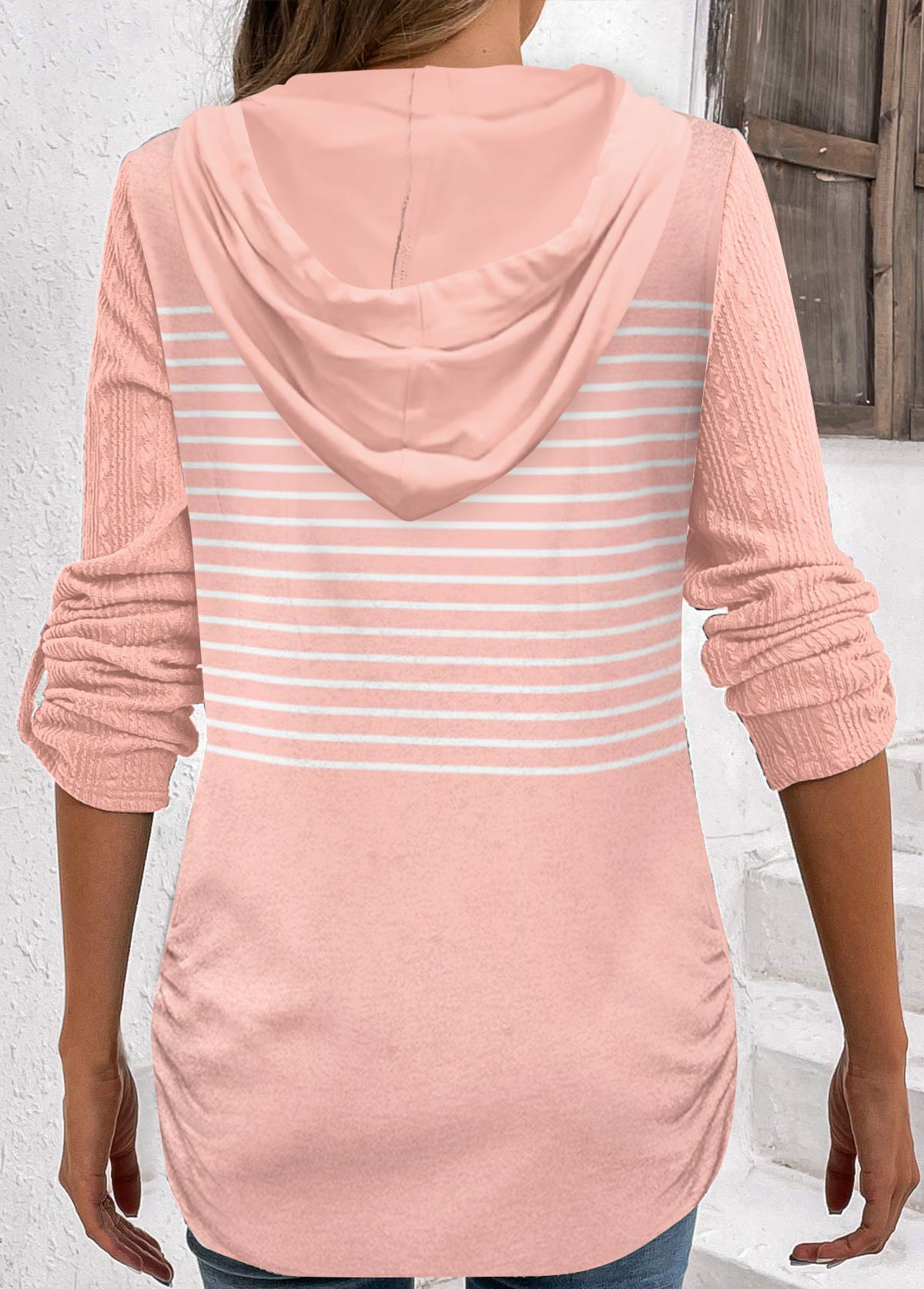 Dusty Pink Button Striped Long Sleeve Hoodie