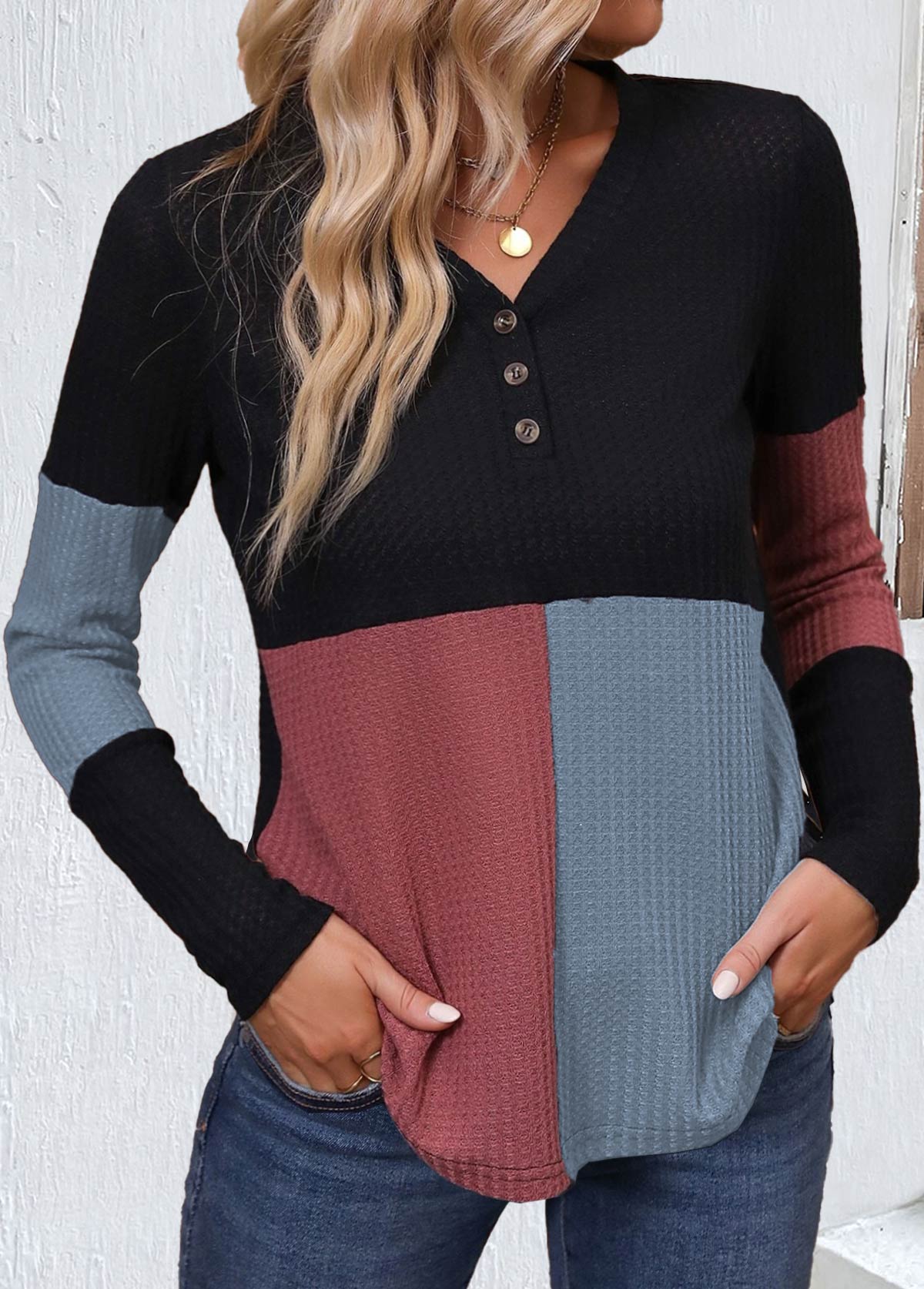 Black Patchwork Long Sleeve V Neck T Shirt | picture 