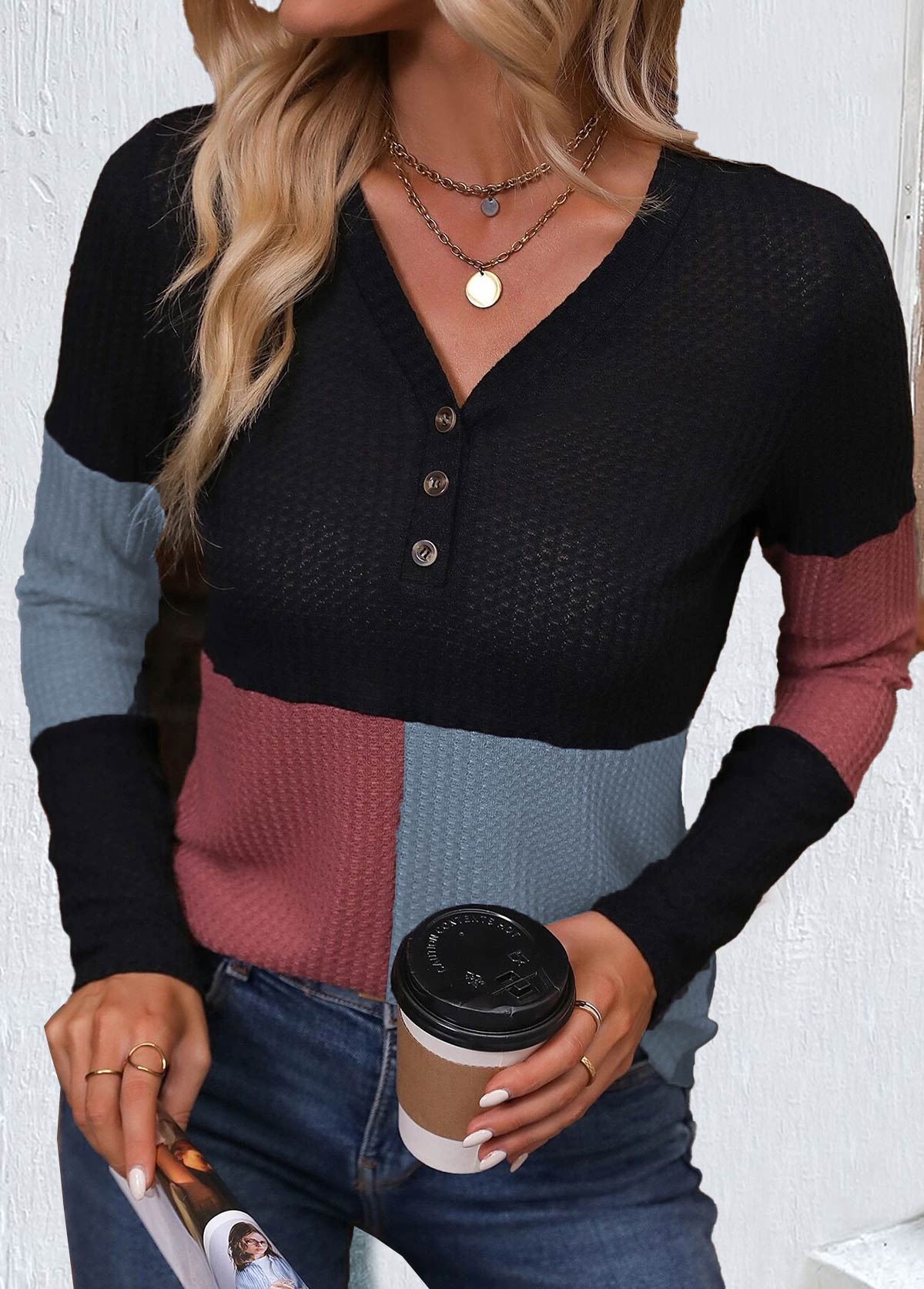 Black Patchwork Long Sleeve V Neck T Shirt | picture 
