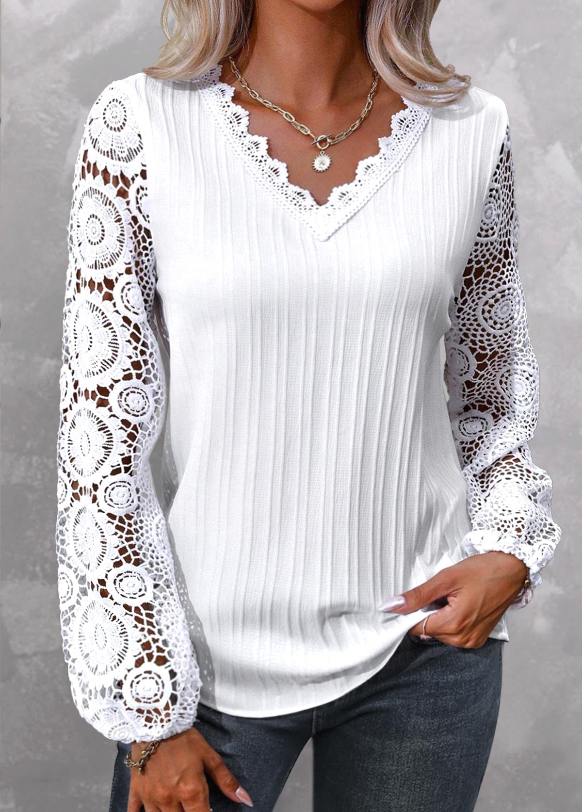 White Lace Plus Size Long Sleeve V Neck Blouse | picture 