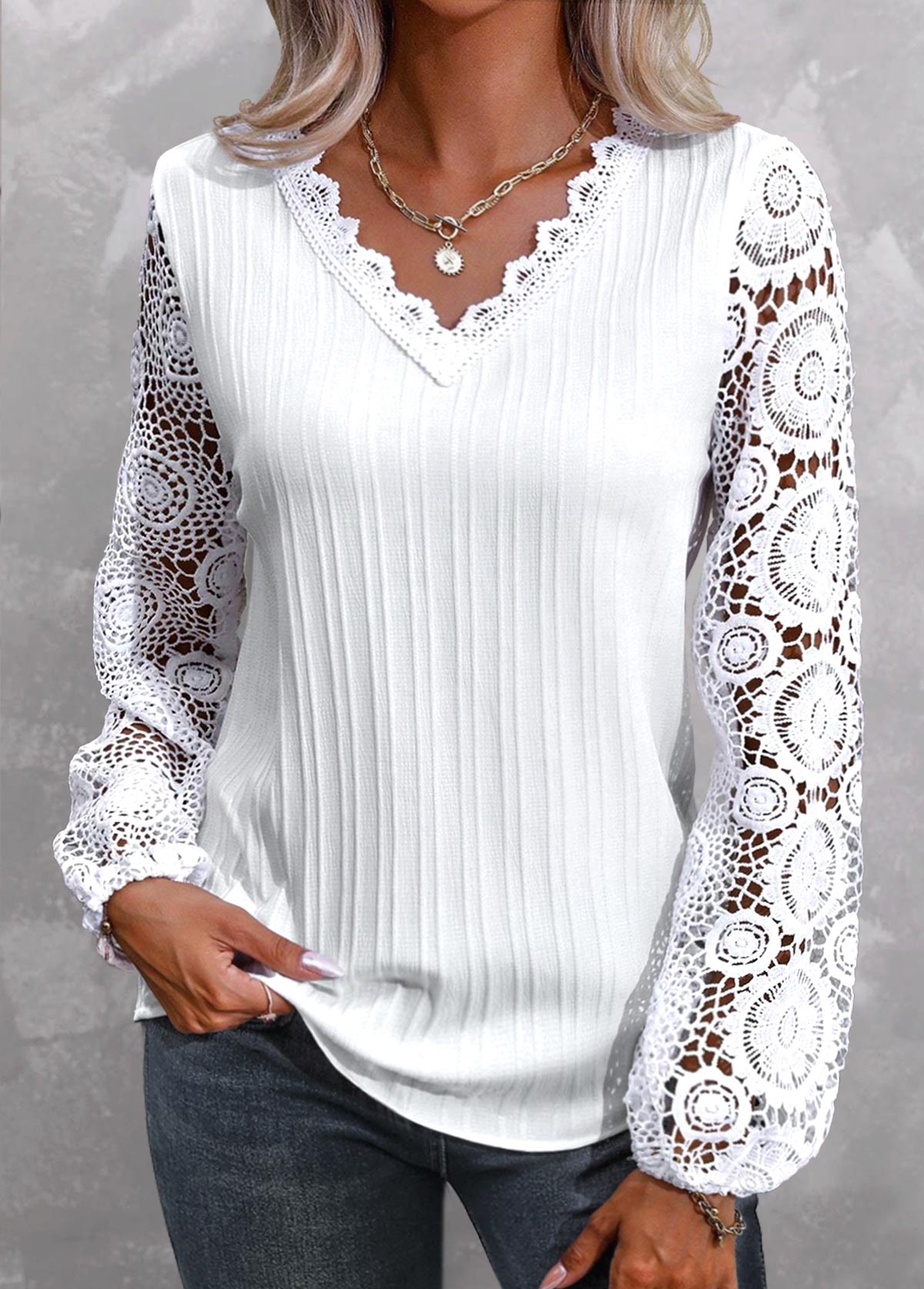 White Lace Plus Size Long Sleeve V Neck Blouse | picture 