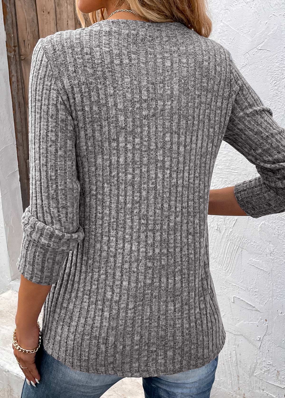 Dark Grey Button Long Sleeve Split Neck T Shirt | picture 
