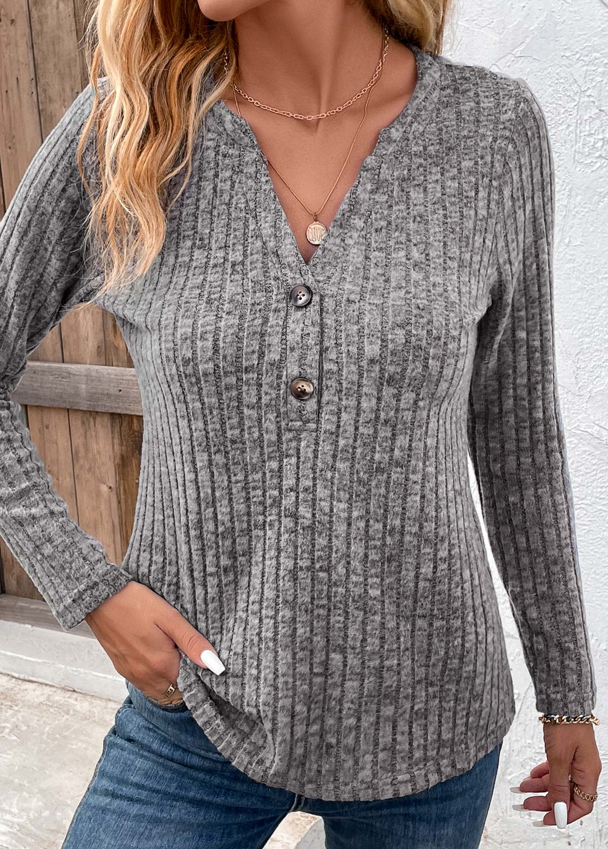 Dark Grey Button Long Sleeve Split Neck T Shirt | picture 