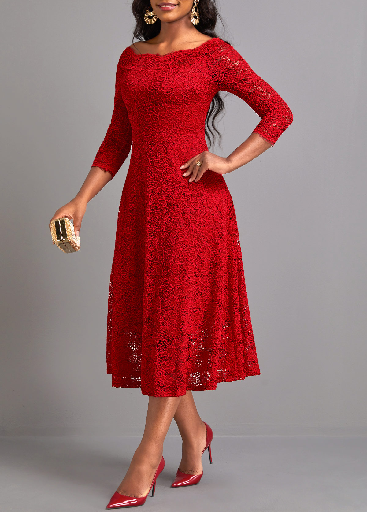 Red Lace Three Quarter Length Sleeve Dress