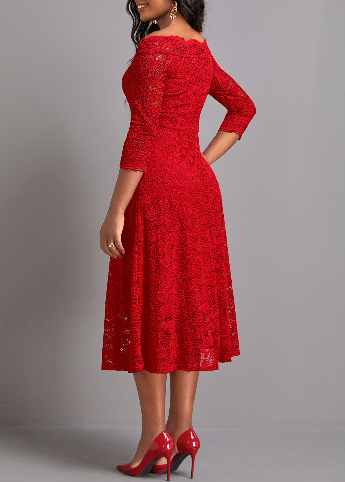 Red Lace Three Quarter Length Sleeve Dress