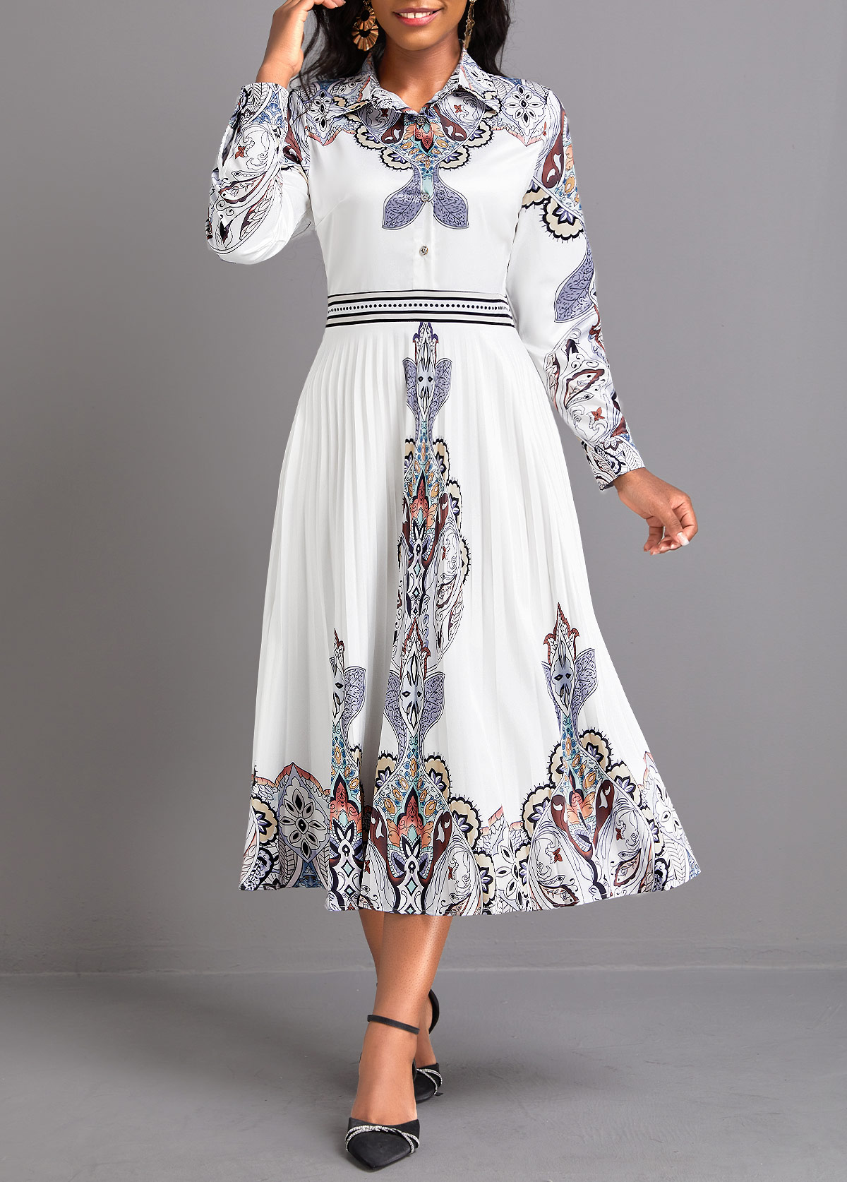 White Pleated Tribal Print Long Sleeve Dress