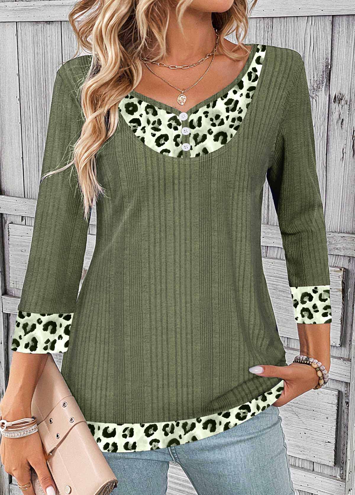 Sage Green Patchwork Leopard Long Sleeve T Shirt