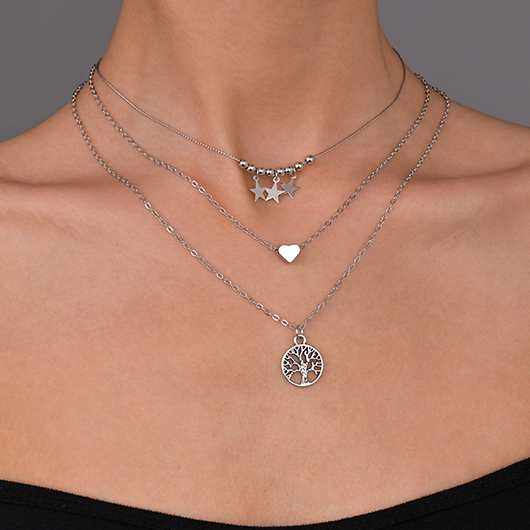 Silver Layered Star Detail Alloy Necklace