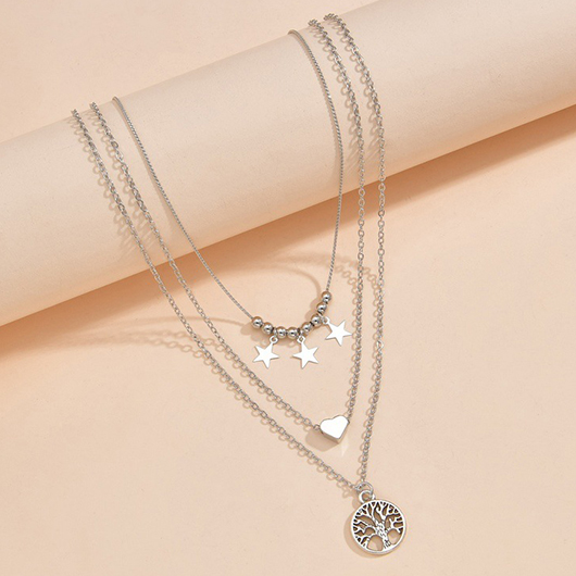 Silver Layered Star Detail Alloy Necklace