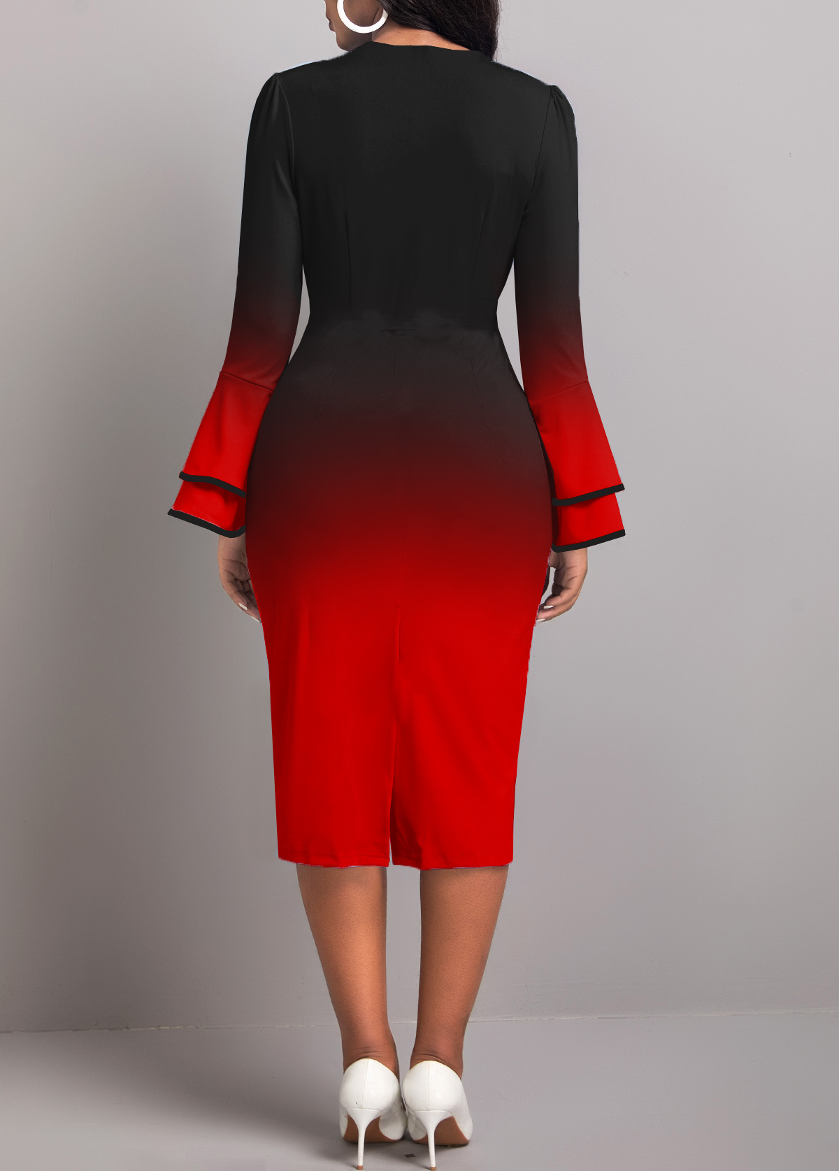 Red Contrast Binding Ombre Long Sleeve Bodycon Dress