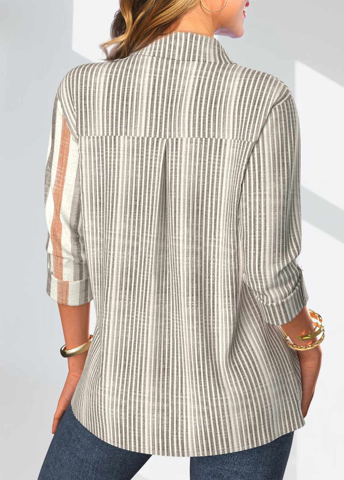 Grey Button Striped Long Sleeve Shirt Collar Blouse | picture 
