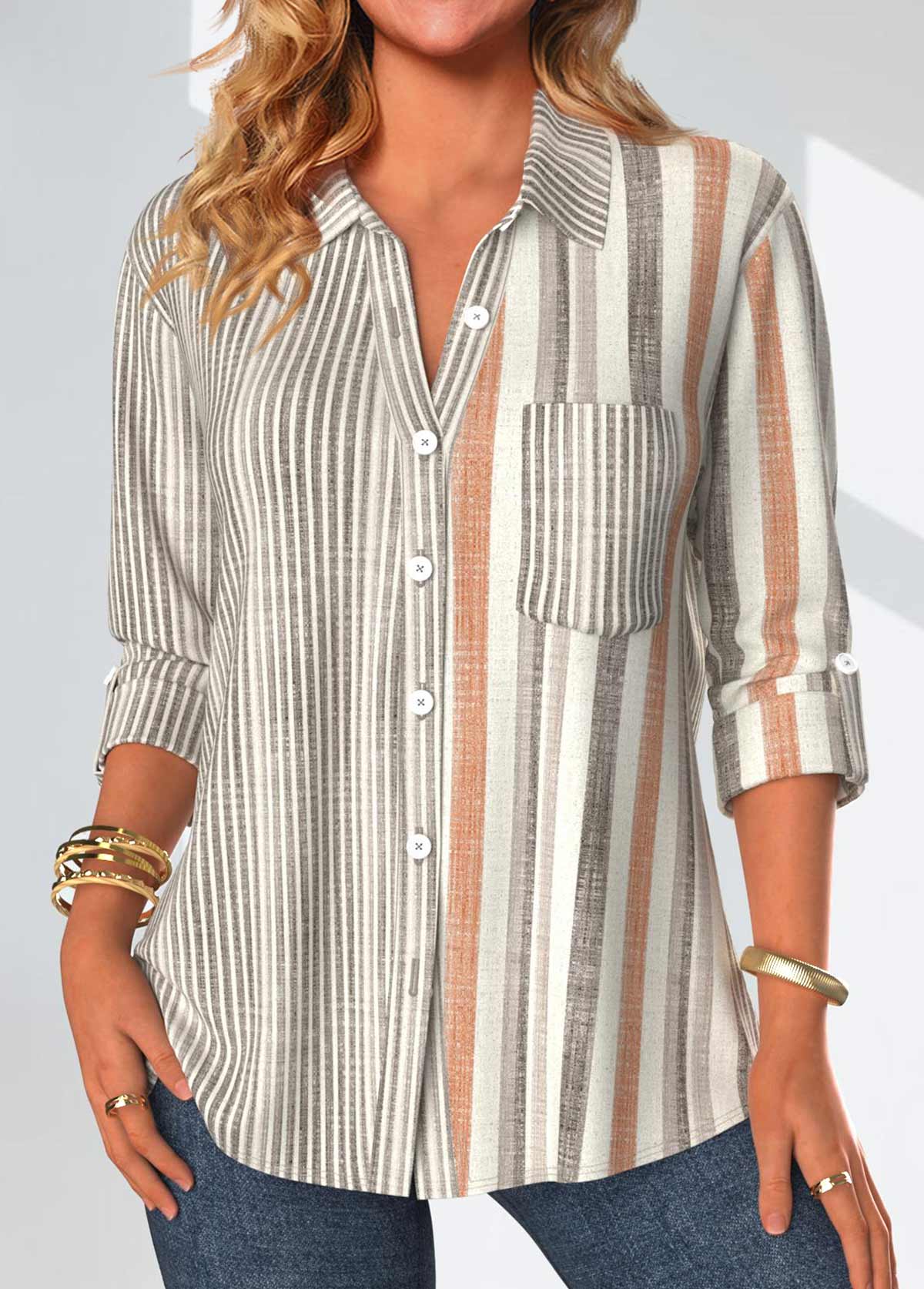 Grey Button Striped Long Sleeve Shirt Collar Blouse | picture 