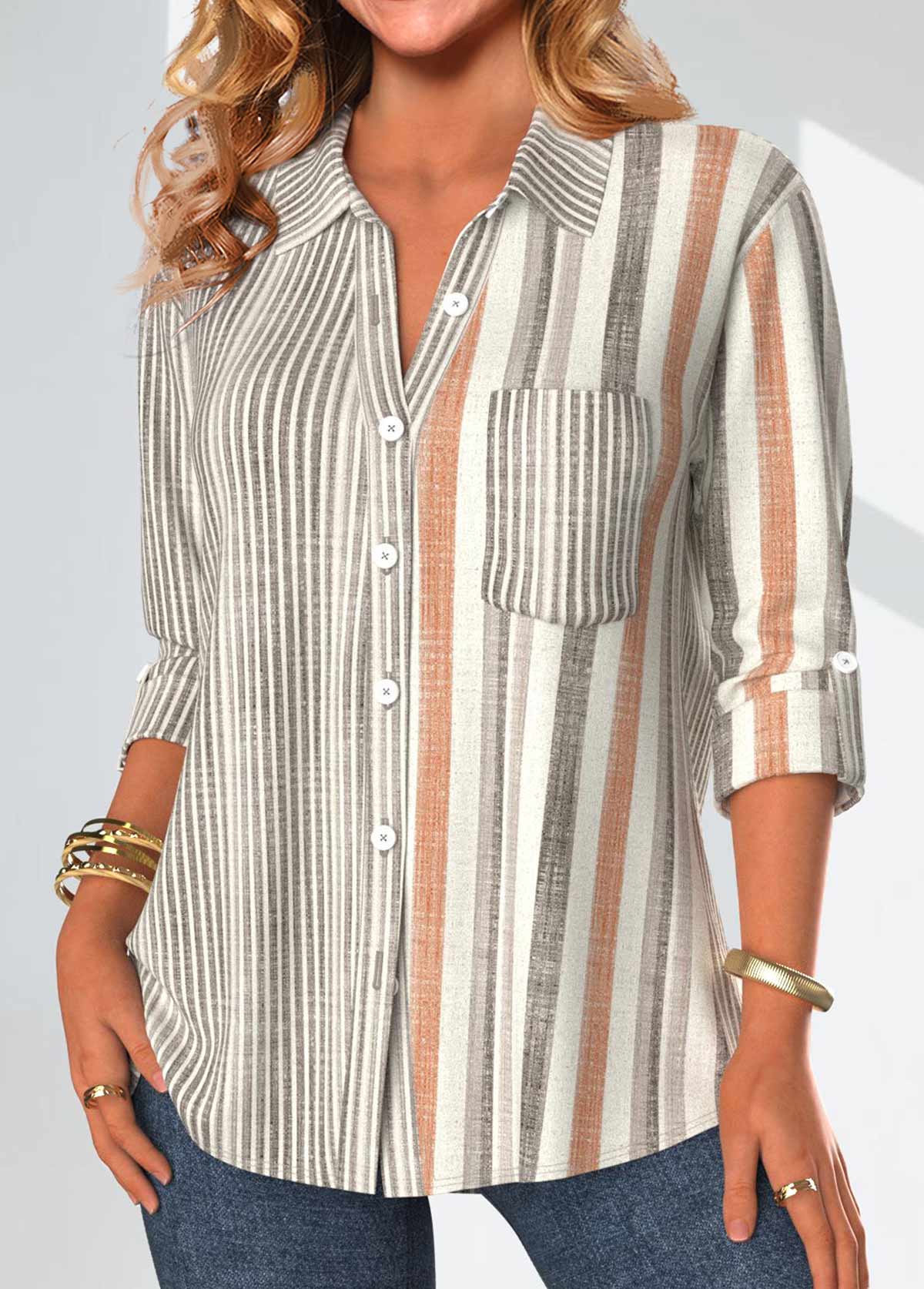 Grey Button Striped Long Sleeve Shirt Collar Blouse | modlily.com - USD ...