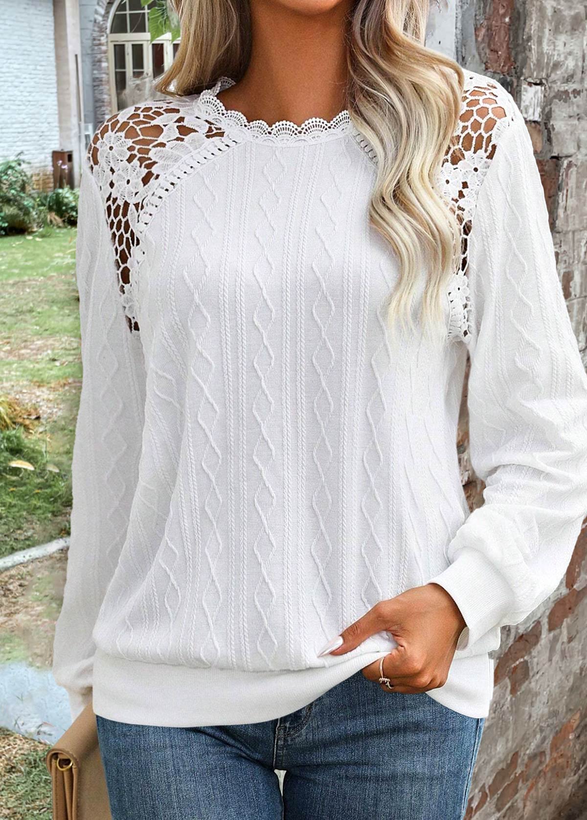 White Lace Long Sleeve Round Neck Sweatshirt