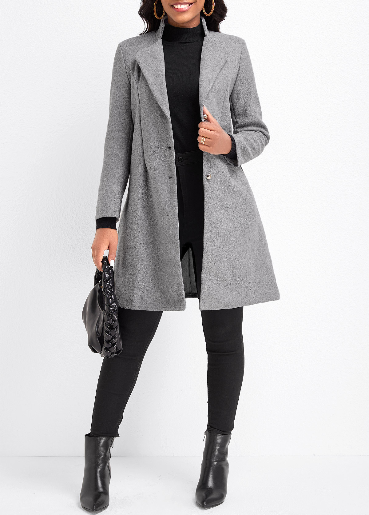 Grey Button Long Sleeve Lapel Coat