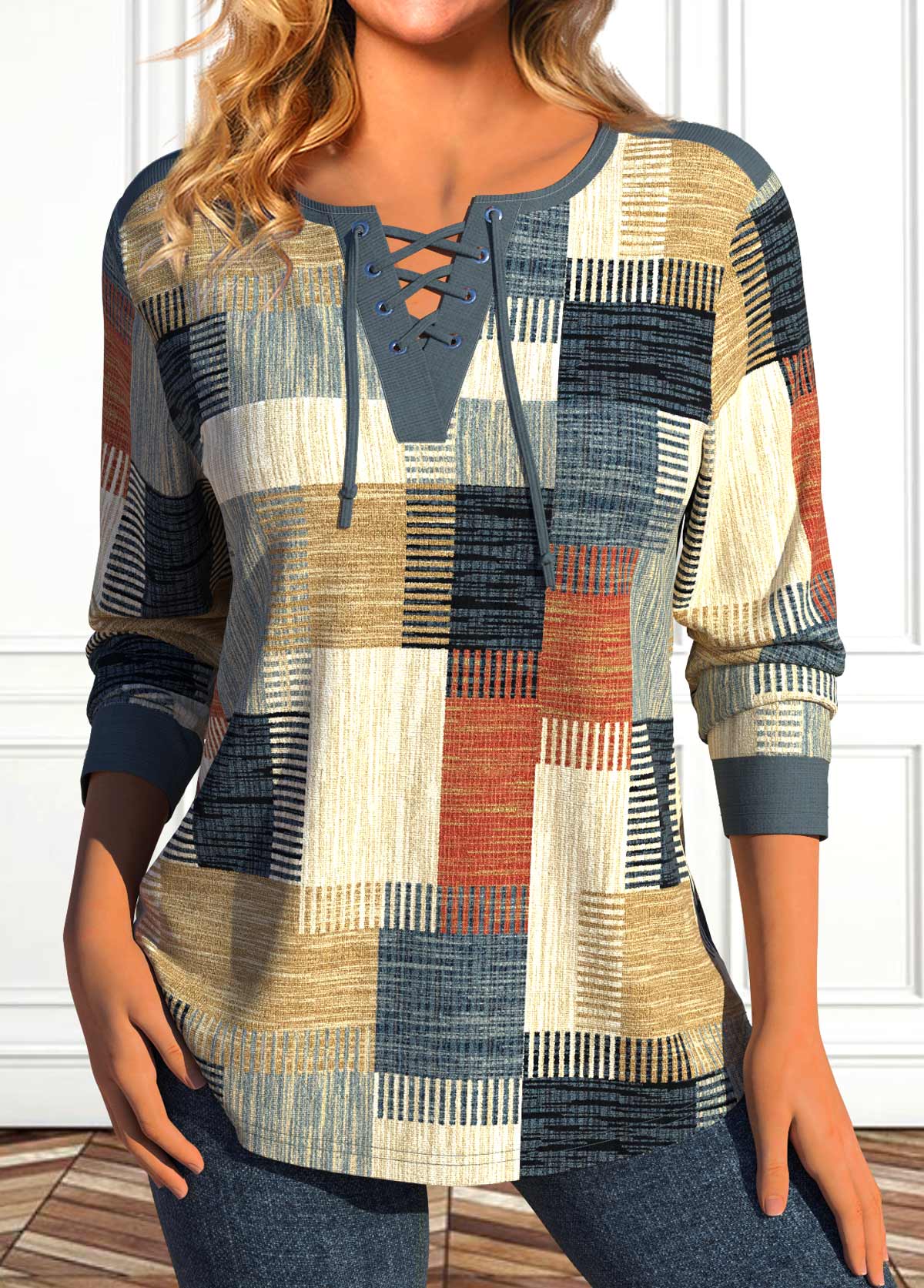 Plus Size Multi Color Lace Up T Shirt | picture 