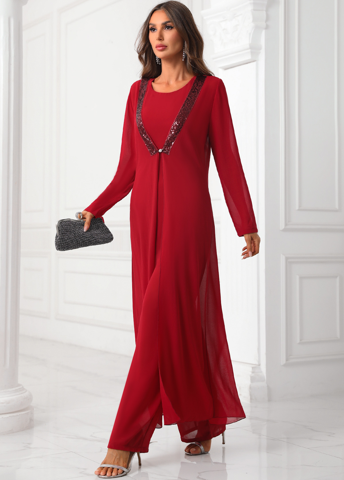 Deep Red Sequin Round Neck Jumpsuit and Cardigan
