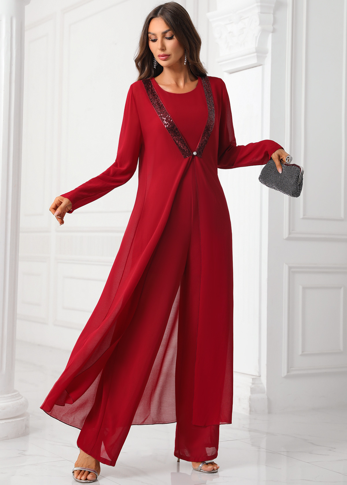 Deep Red Sequin Round Neck Jumpsuit and Cardigan