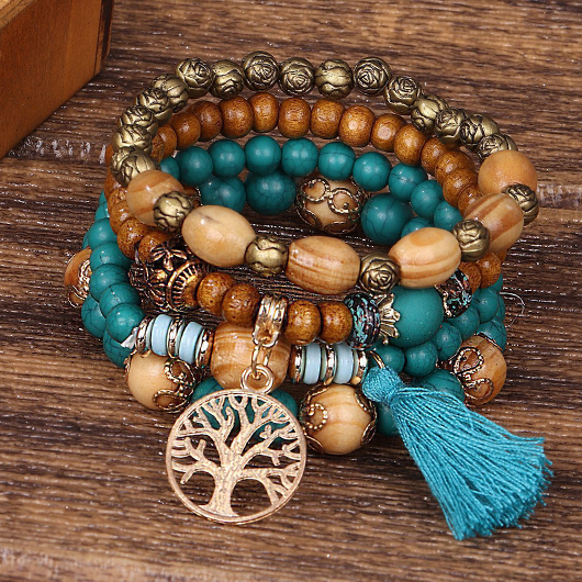 Peacock Blue Round Tassel Detail Bracelet Set | picture 