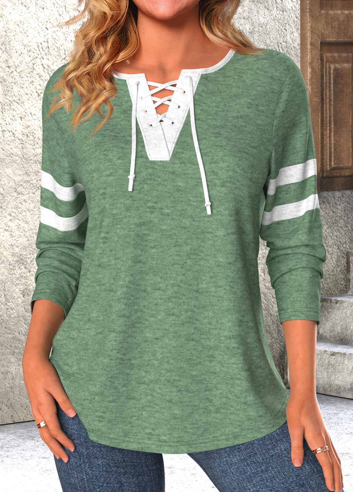 Green Lace Up Long Sleeve T Shirt | picture 