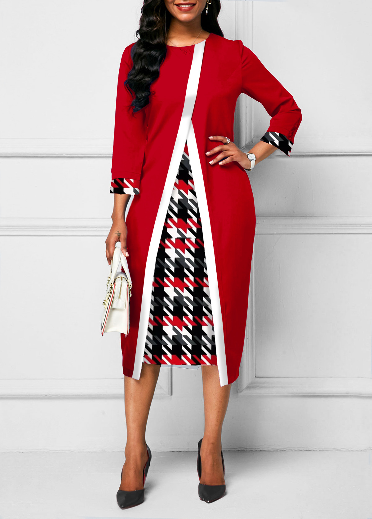 Red Feke 2in1 Patchwork Plaid Bodycon Dress