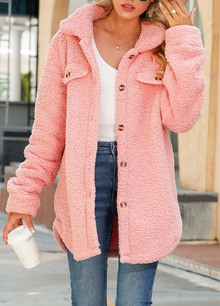Pink Button Long Sleeve Turn Down Collar Coat