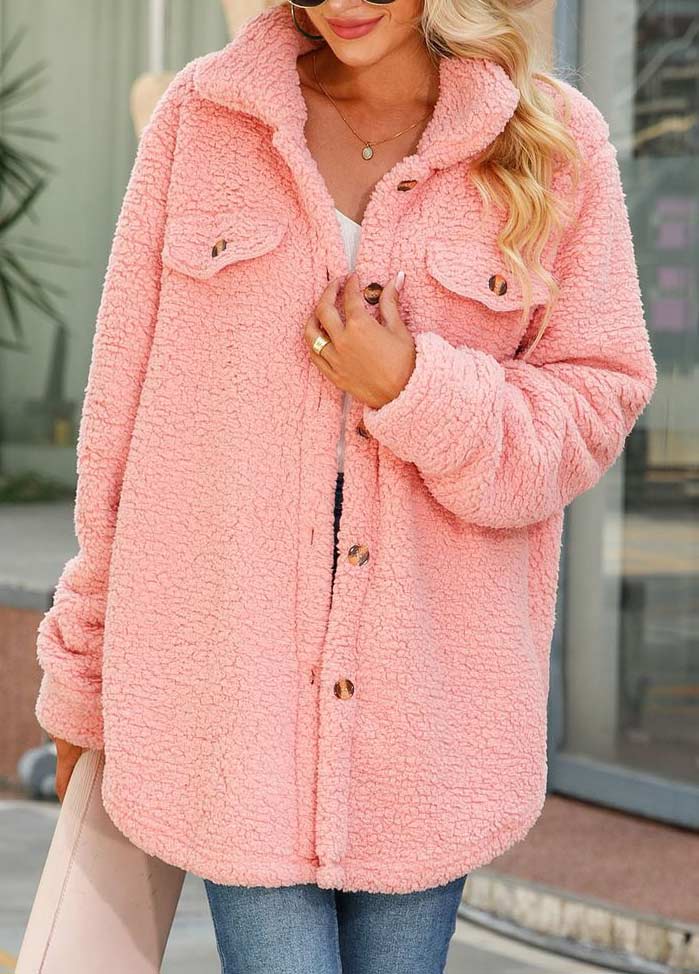 Pink Button Long Sleeve Turn Down Collar Coat