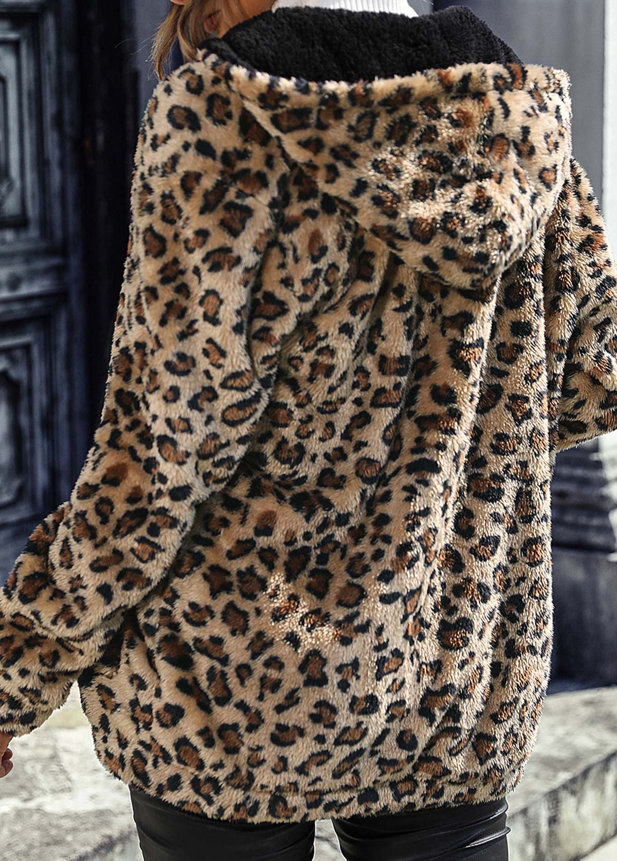 Dark Camel Zipper Leopard Long Sleeve Hooded Coat