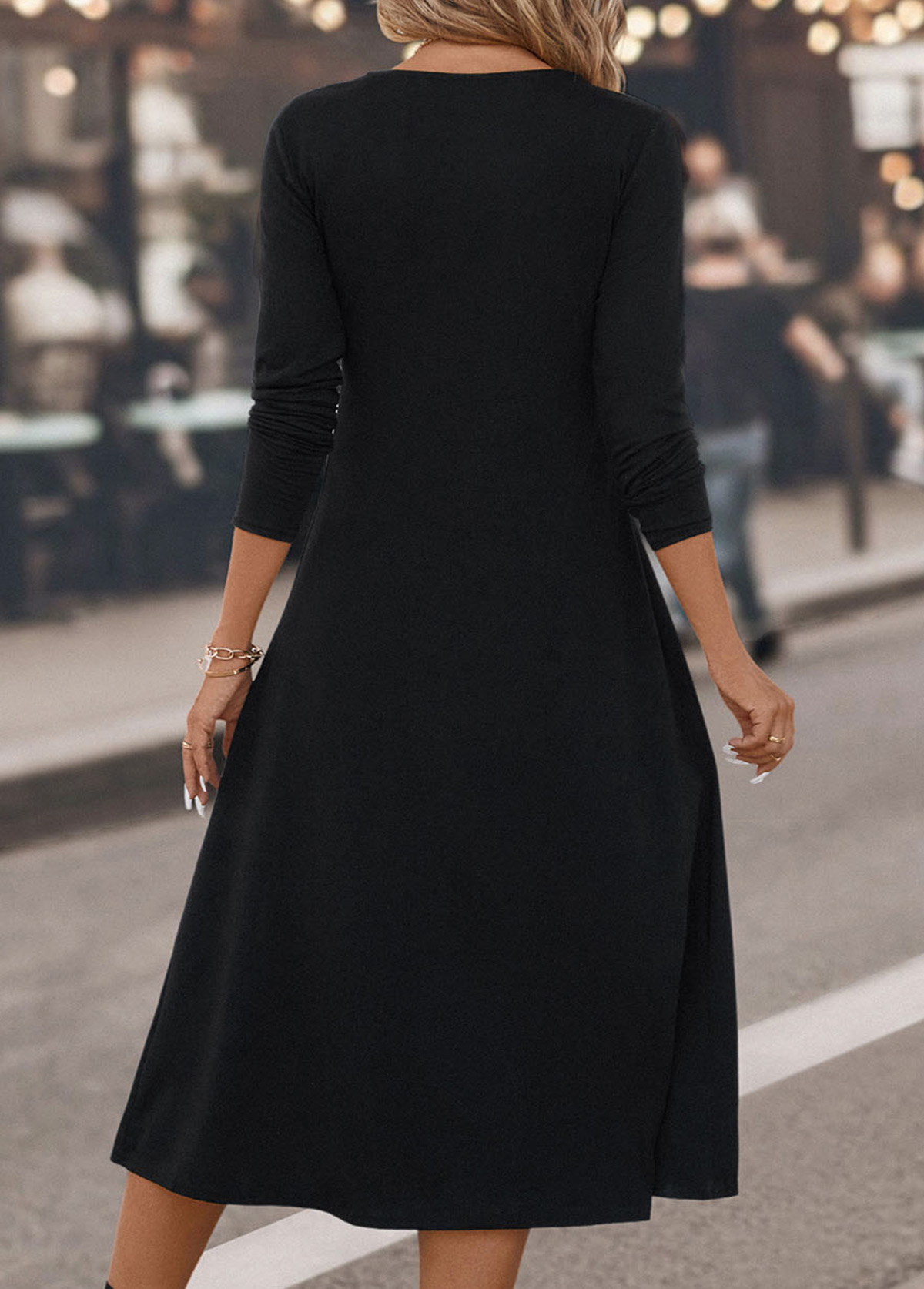 Black Button Plaid Three Quarter Length Sleeve Dress