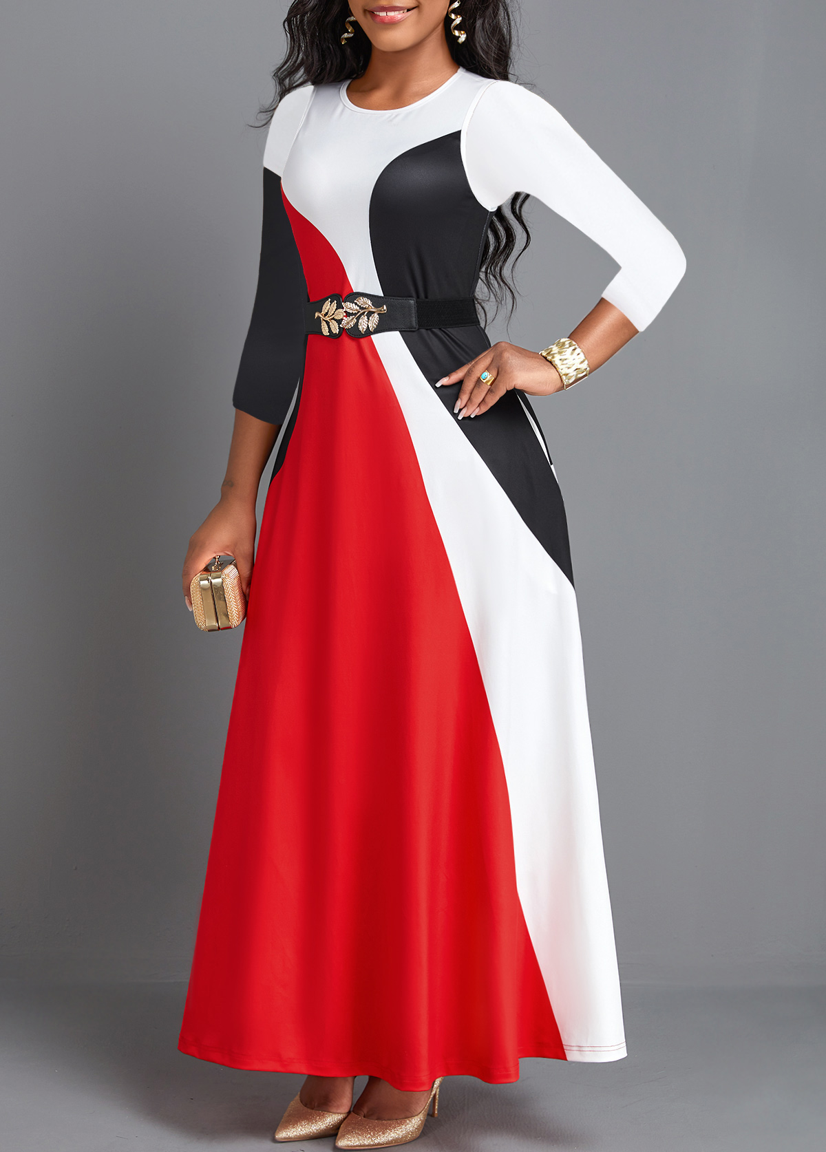 Red Pocket Three Quarter Length Sleeve Maxi Dress
