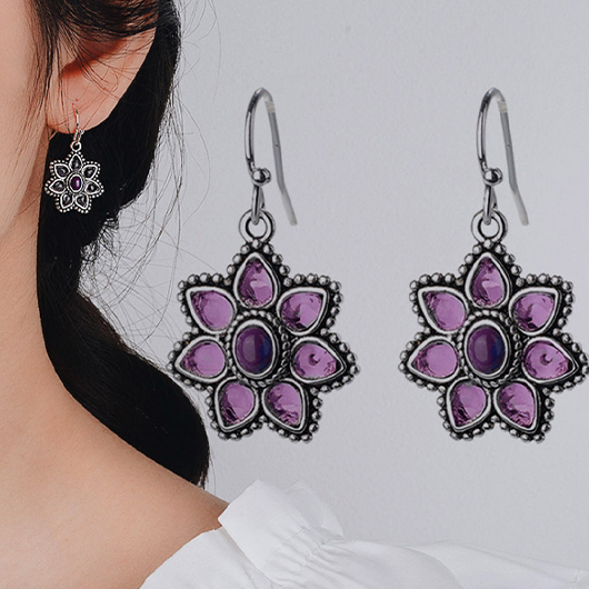 Purple Rhinestone Floral Detail Alloy Earrings