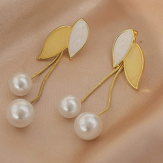 Gold Leaf Pearl Design Alloy Earrings