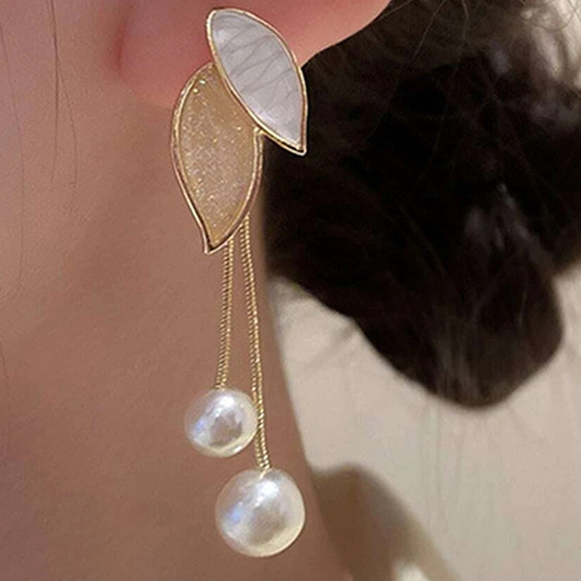 Gold Leaf Pearl Design Alloy Earrings