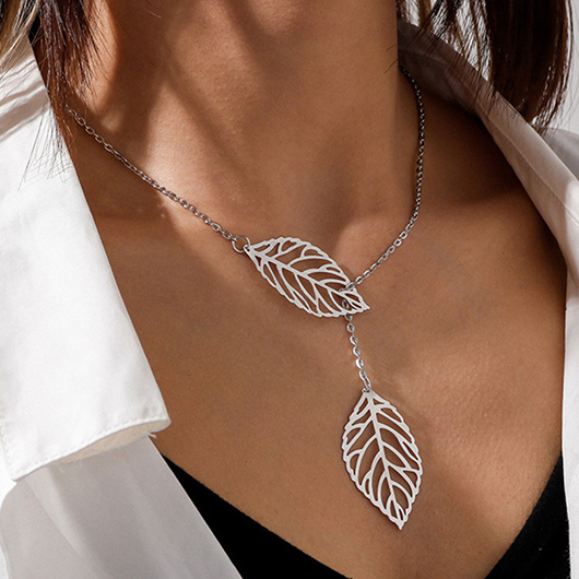 Silvery White Leaf Alloy Hollow Necklace