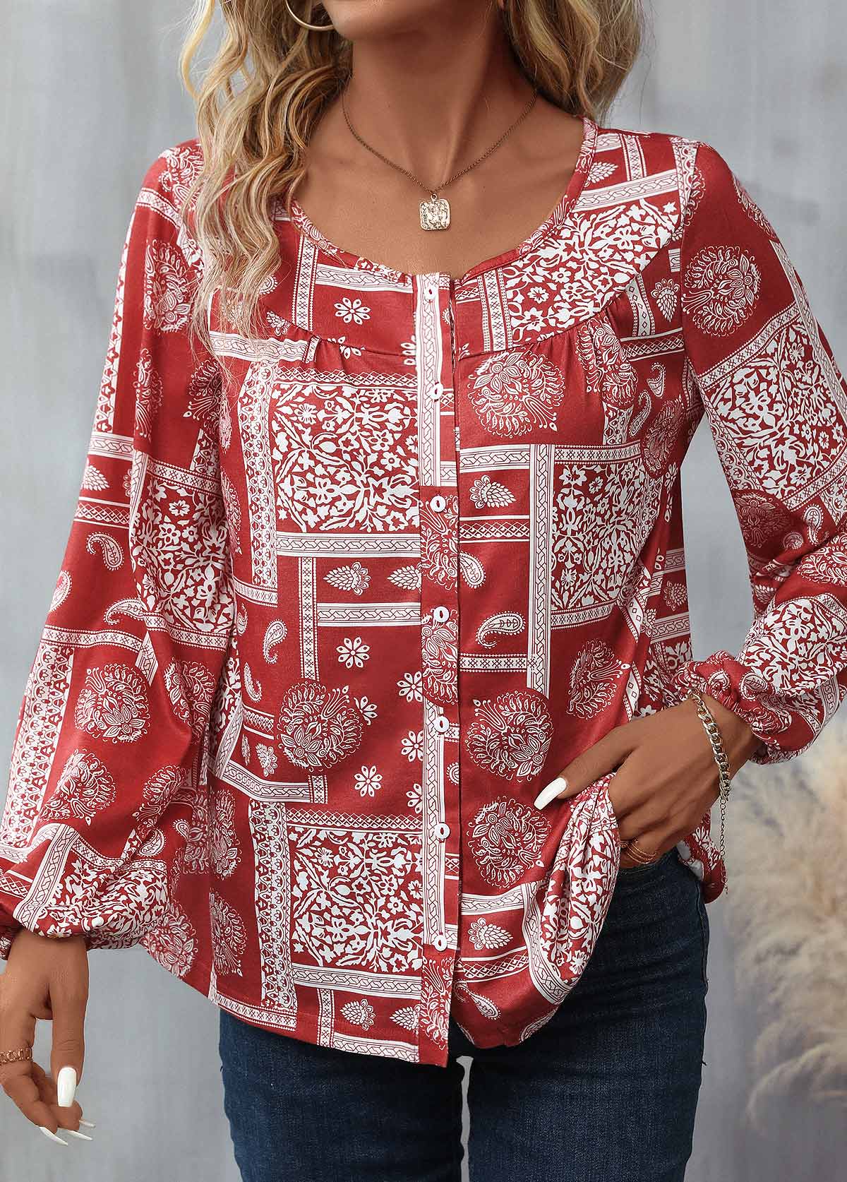 Red Button Tribal Print Long Sleeve Round Neck Blouse