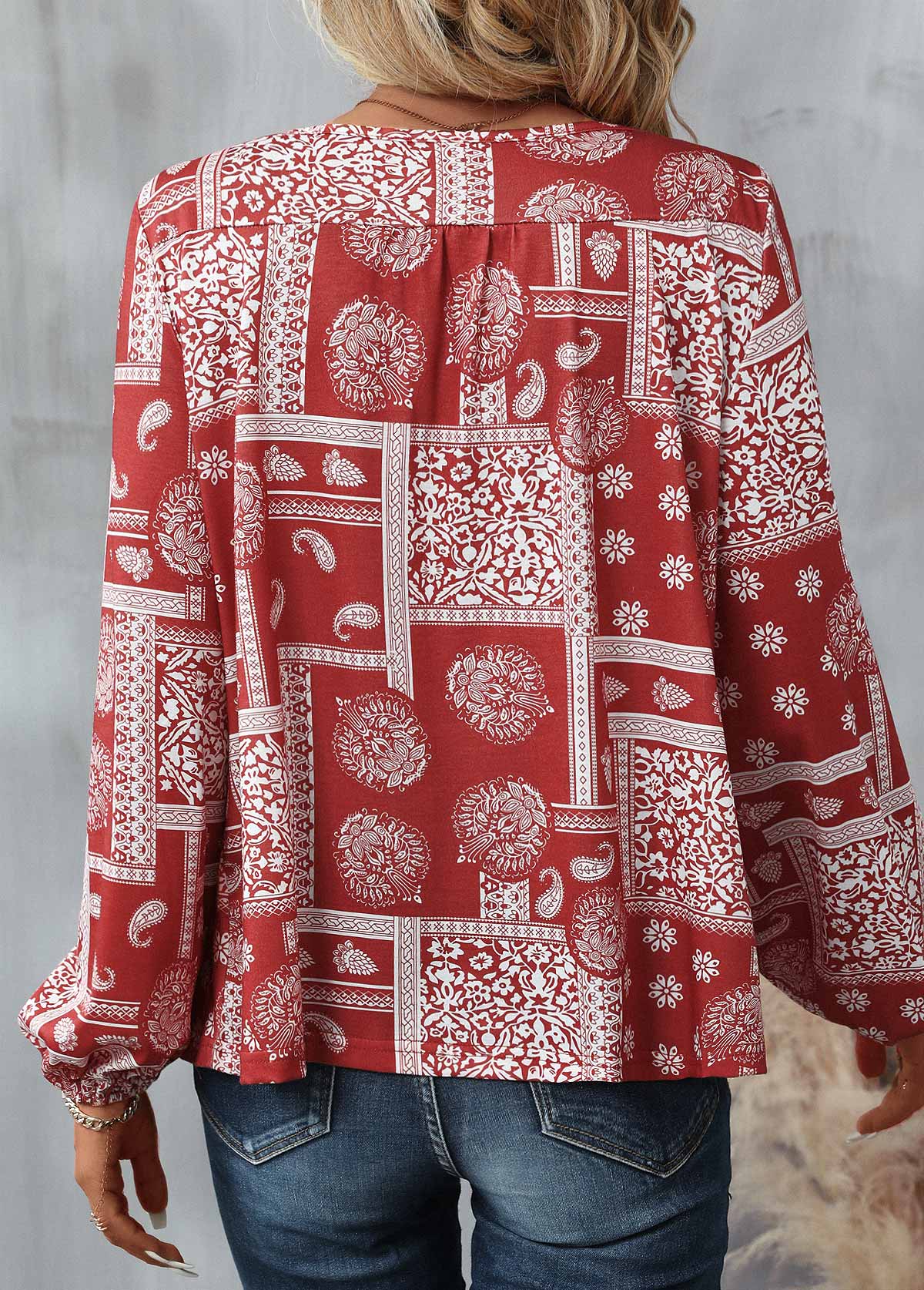 Red Button Tribal Print Long Sleeve Round Neck Blouse