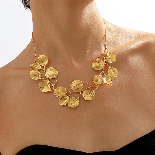 Golden Leaf Design Alloy Detail Necklace