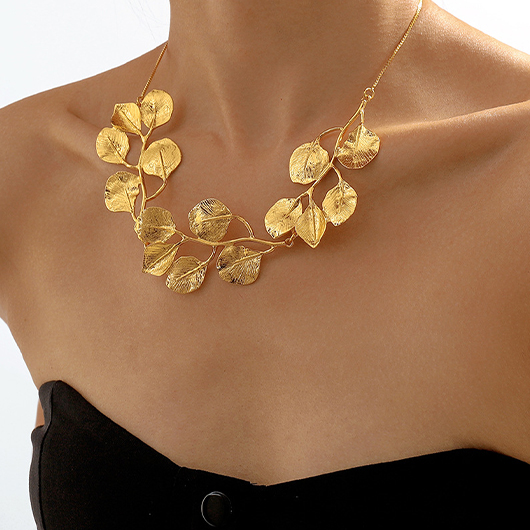 Golden Leaf Design Alloy Detail Necklace