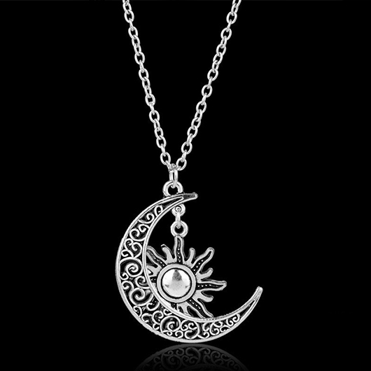 Silver Moon Alloy Retro Hollow Necklace