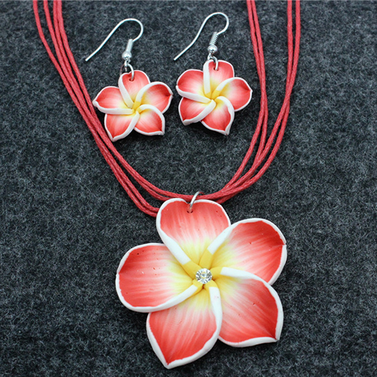 Red Floral Design Polymer Clay Necklace and Earrings