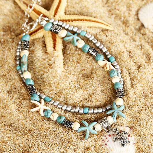 Cyan Round Layered Beads Detail Anklet