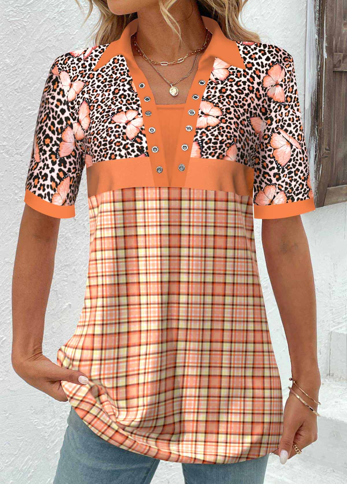 Orange Grommet Leopard Short Sleeve T Shirt