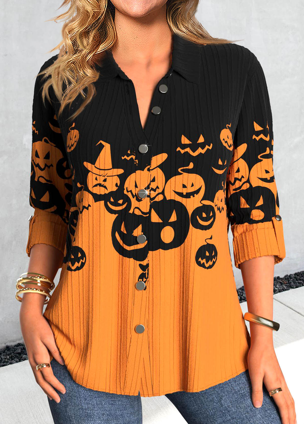 Orange Button Halloween Pumpkin Print Long Sleeve Blouse