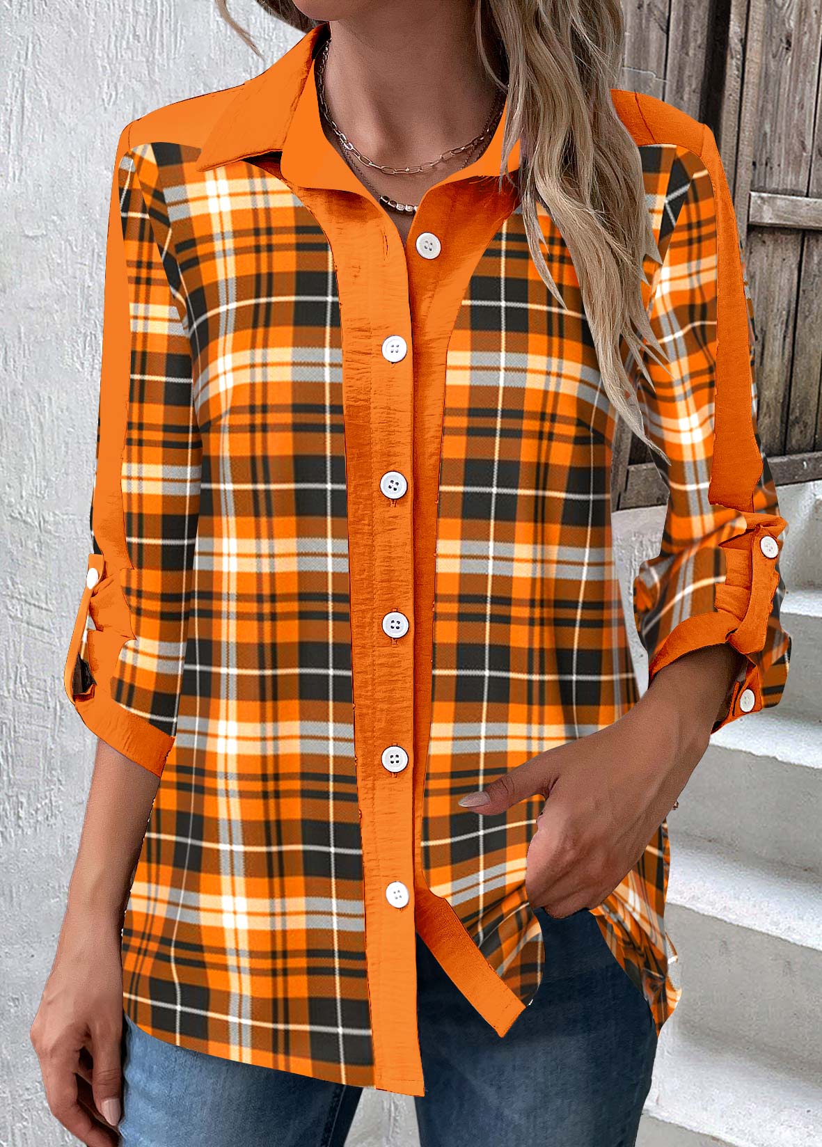 Orange Patchwork Plaid Long Sleeve Shirt Collar Blouse