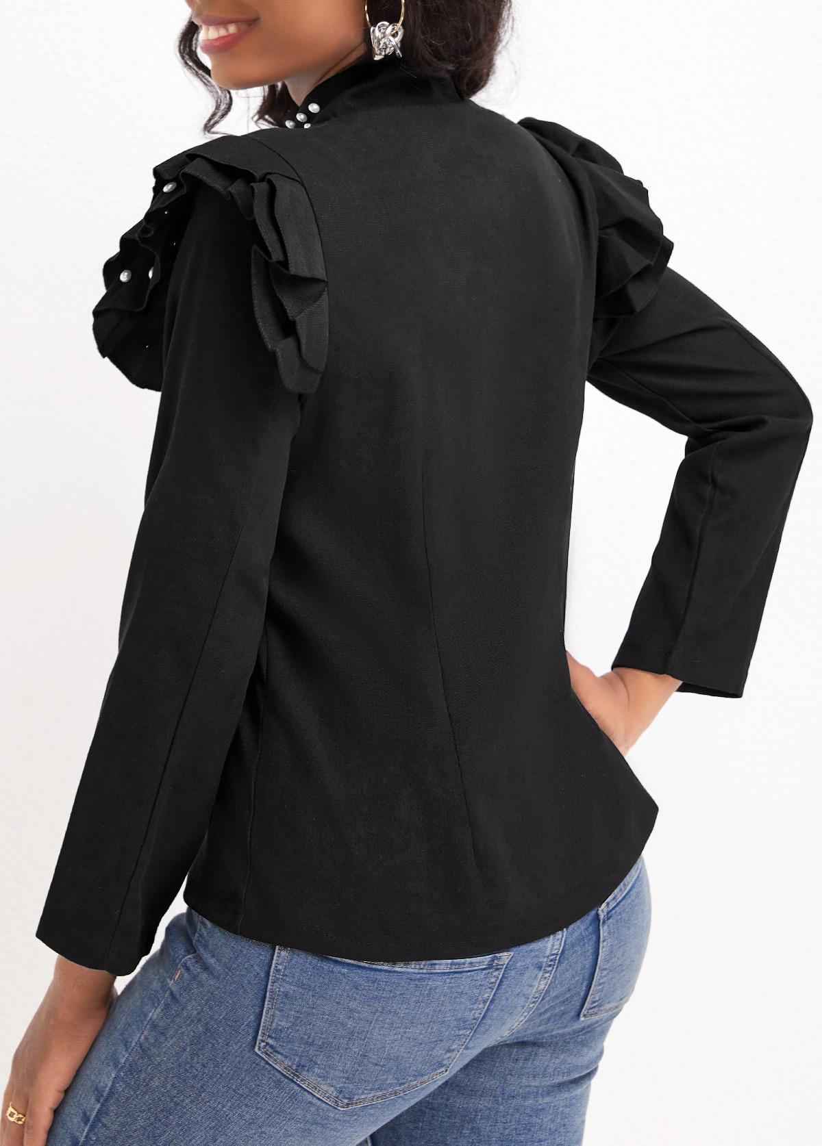 Black Beaded Long Sleeve Stand Collar Coat