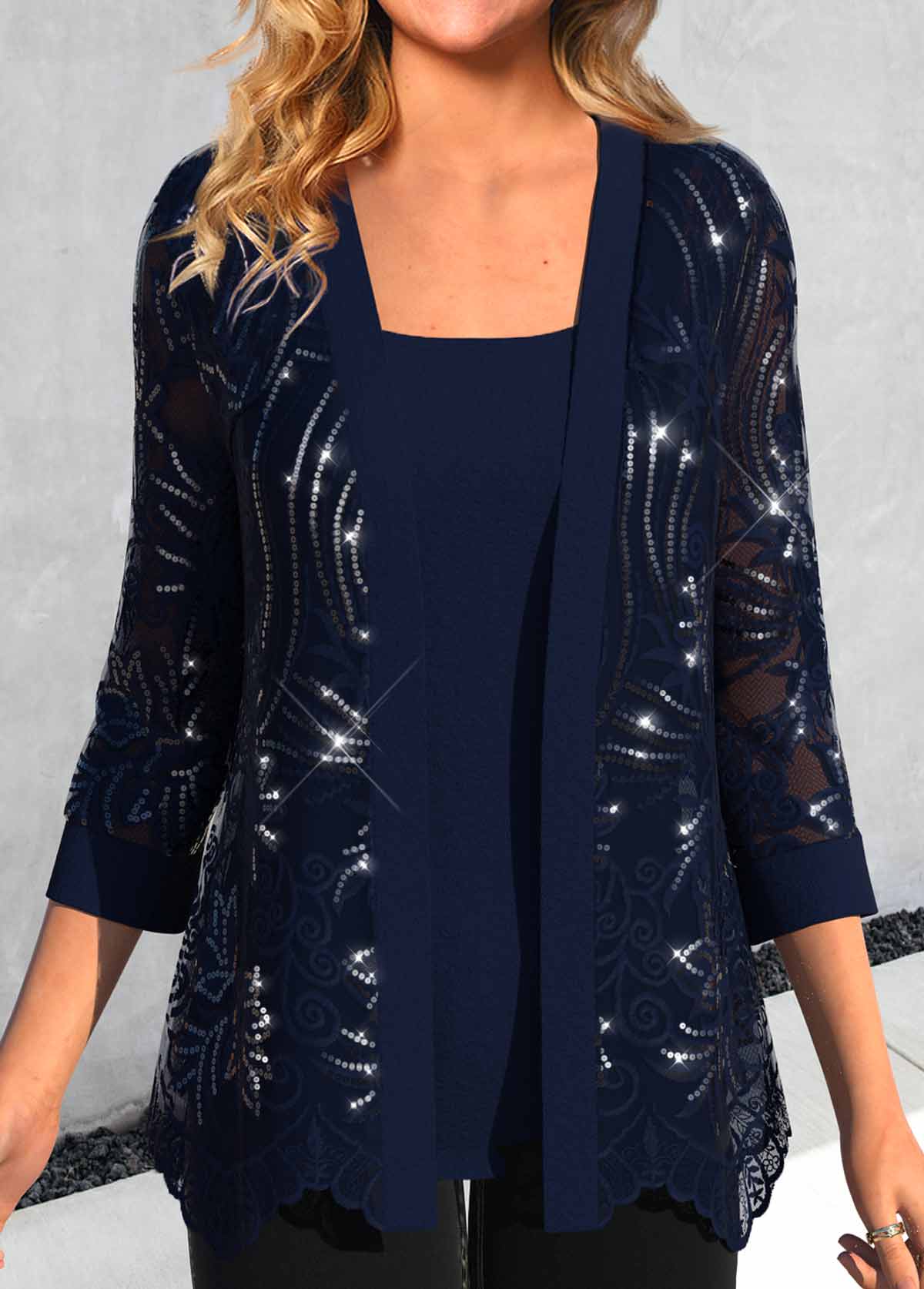 Navy Long Sleeve Scoop Neck Cardigan and Tank Top | picture 