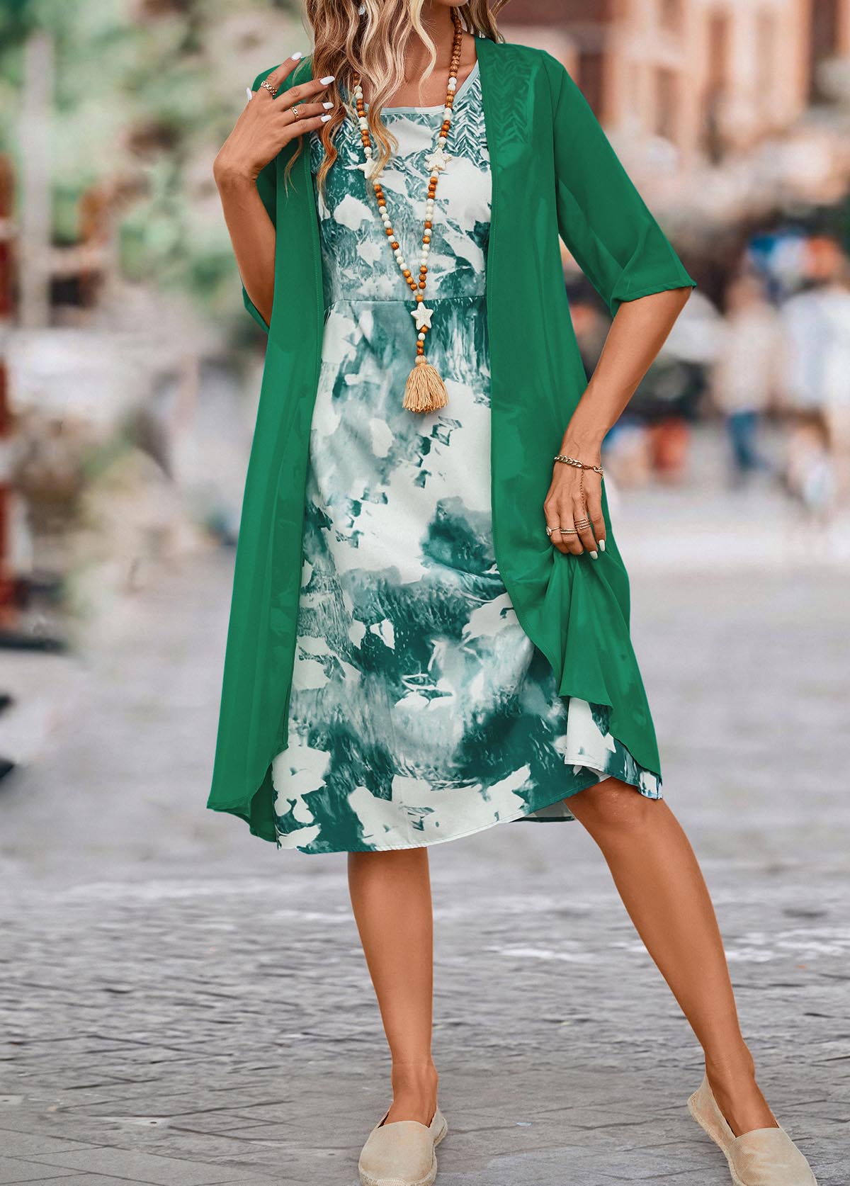 Green Two Piece Ink Painting Print Dress and Cardigan