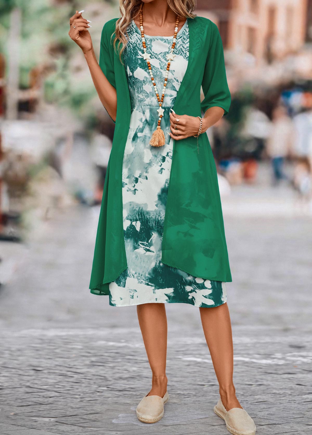 Green Two Piece Ink Painting Print Dress and Cardigan